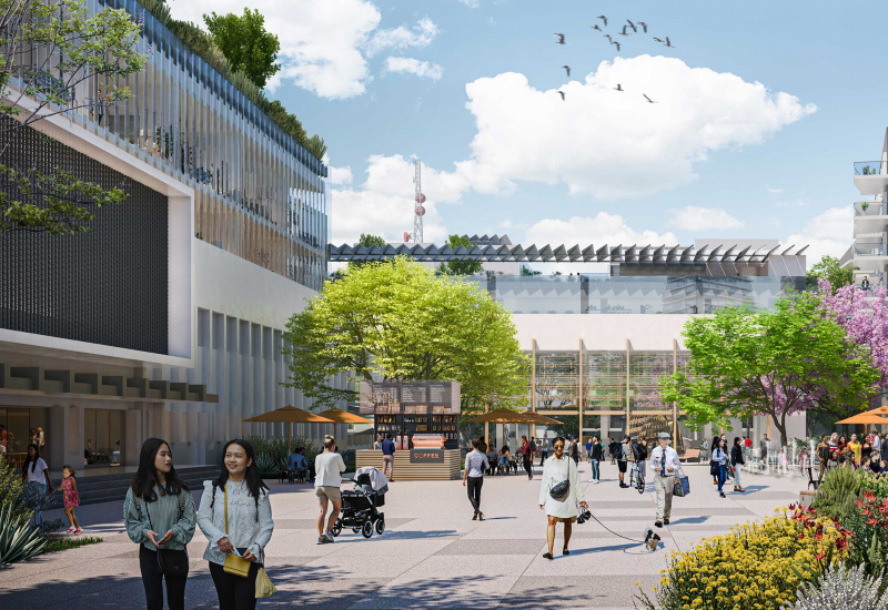 West LA Commons Plaza in daytime. Click to view PDF press release announcing AvalonBay-Abode Communities Team Selected to Develop West LA Civic Center Site